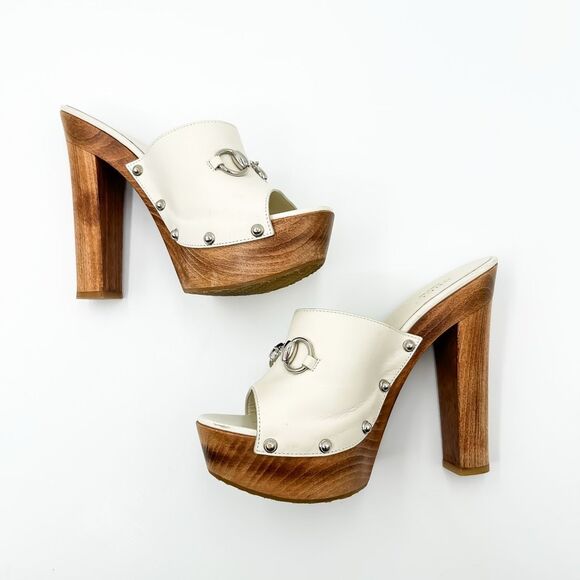 Gucci Horsebit White Mules Platform Leather Wooden Heels Sandals 38.5, 8.5 - Picture 8 of 15